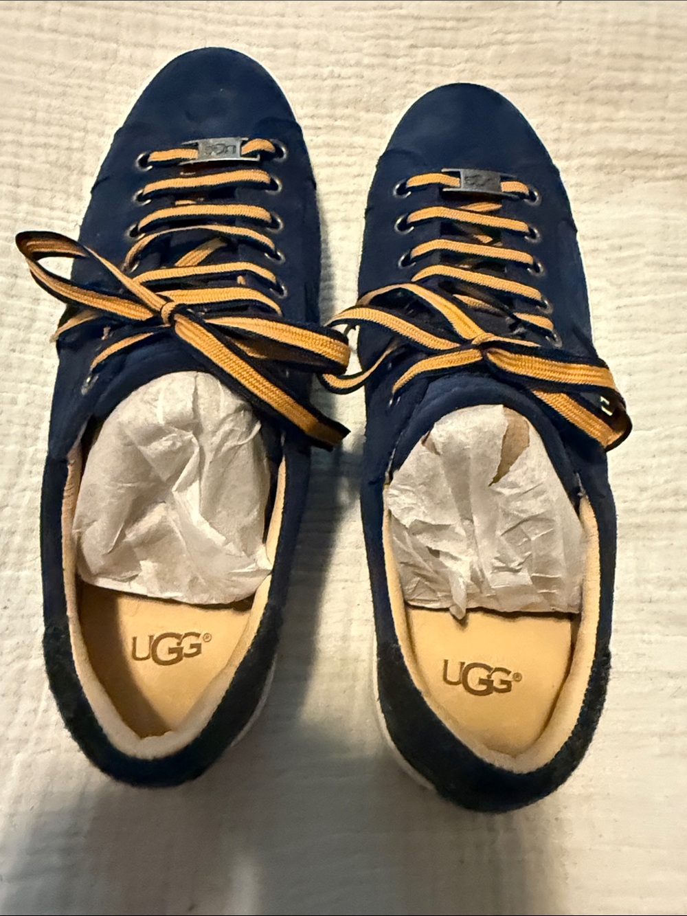 UGG Men's Navy Suede Sneakers with Yellow and Tan Accent Laces